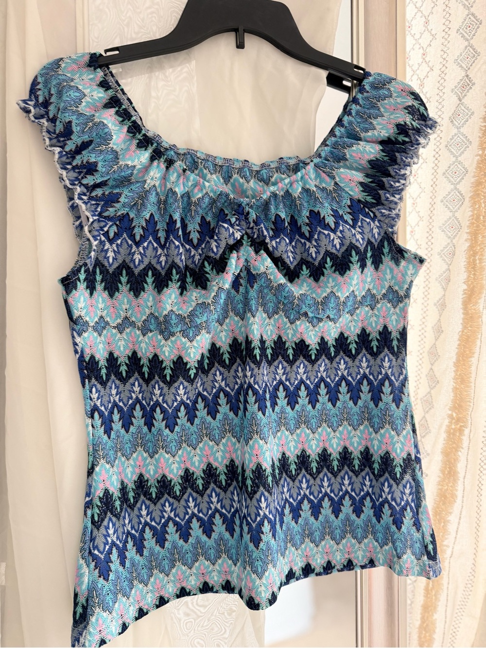 Mint Blue & Navy Patterned Smocked Neck Women's Top
